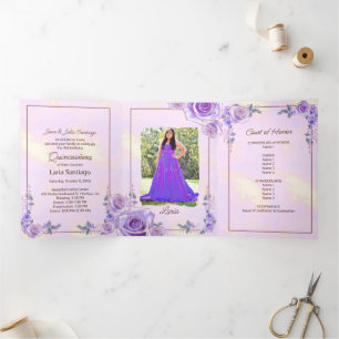 Photo Spanish Pink  Lavender Roses Quinceanera Tri-Fold Invitation