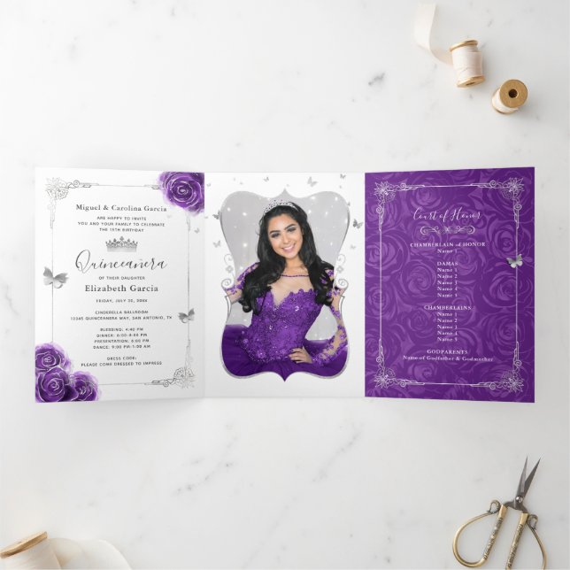 Photo Spanish Purple and Silver Quinceanera Tri-Fold Invitation (Inside)