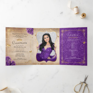 Photo Spanish Purple Rose Gold Quinceanera Tri-Fold Invitation