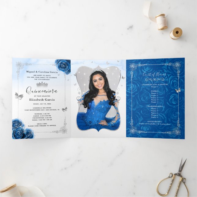 Photo Spanish Silver Royal Blue Quinceanera Tri-Fold Invitation (Inside)