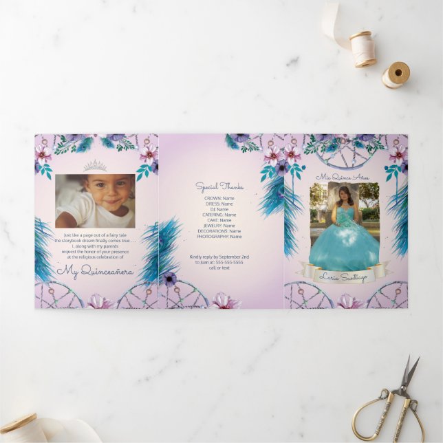 Photo Spanish Turqouise and Pink Dream catcher Tri-Fold Invitation (Outside)