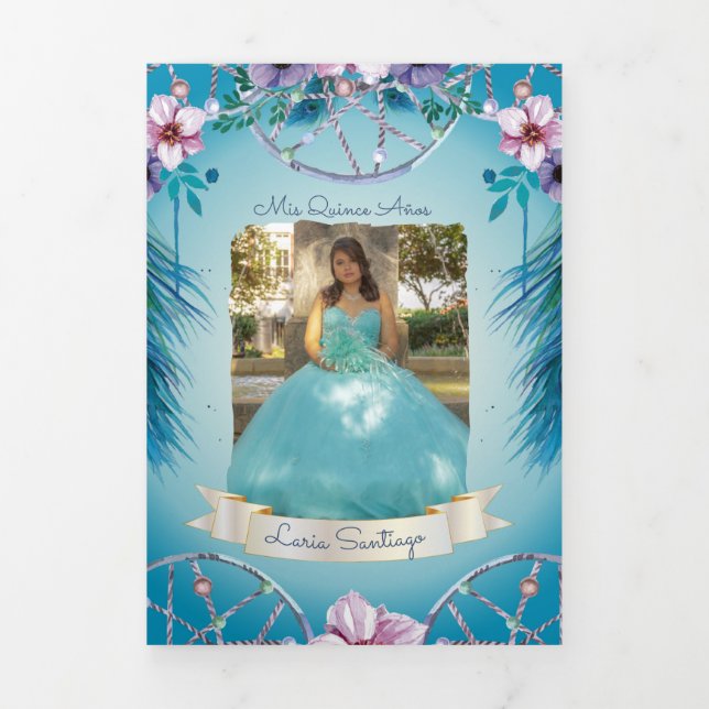 Photo Spanish Turqouise and Pink Dream catcher Tri Tri-Fold Invitation (Cover)