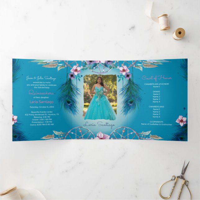 Photo Spanish Turqouise Dream catcher Quinceanera Tri-Fold Invitation (Inside)