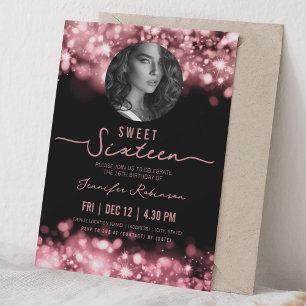 PHOTO Sparkle Lights Sweet 16 Birthday Rose Gold Invitation