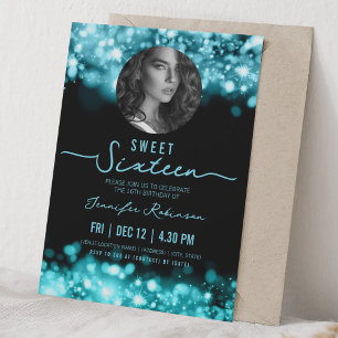 PHOTO Sparkle Lights Sweet 16 Birthday Turquoise  Invitation