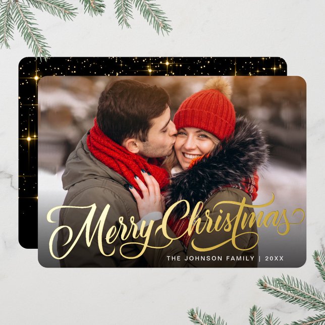 PHOTO Sparkle Merry Christmas Greeting Gold Foil Holiday Card (Creator Uploaded)