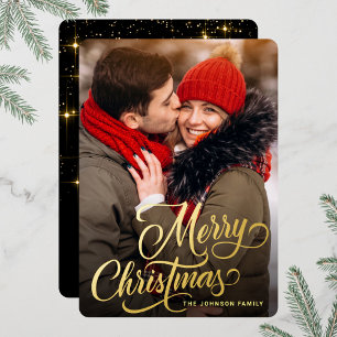 PHOTO Sparkle Merry Christmas Greeting Gold Foil Holiday Card