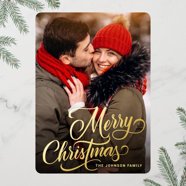 PHOTO Sparkle Merry Christmas Greeting Gold Foil Holiday Card (Creator Uploaded)