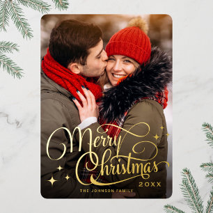 PHOTO Sparkle Merry Christmas Greeting Gold Foil Holiday Card