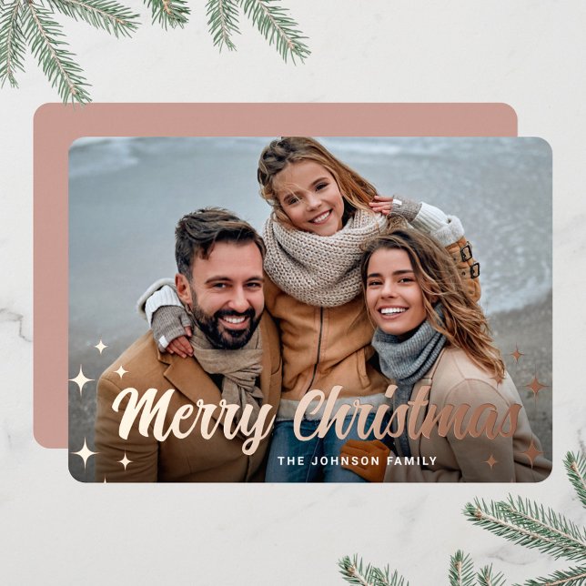 PHOTO Sparkle Merry Christmas Greeting Rose Foil Holiday Card (Creator Uploaded)