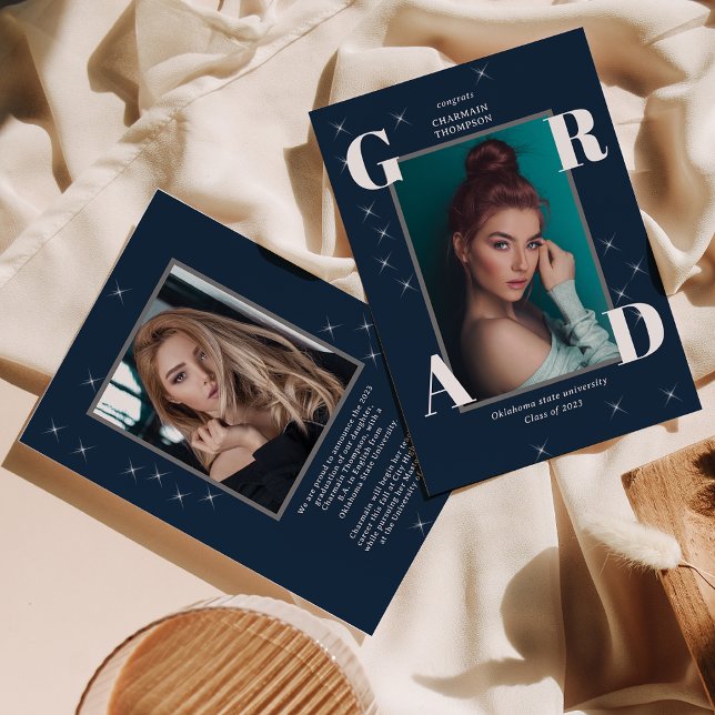 Photo Sparkling Star Retro Navy Blue Graduation Announcement (Creator Uploaded)