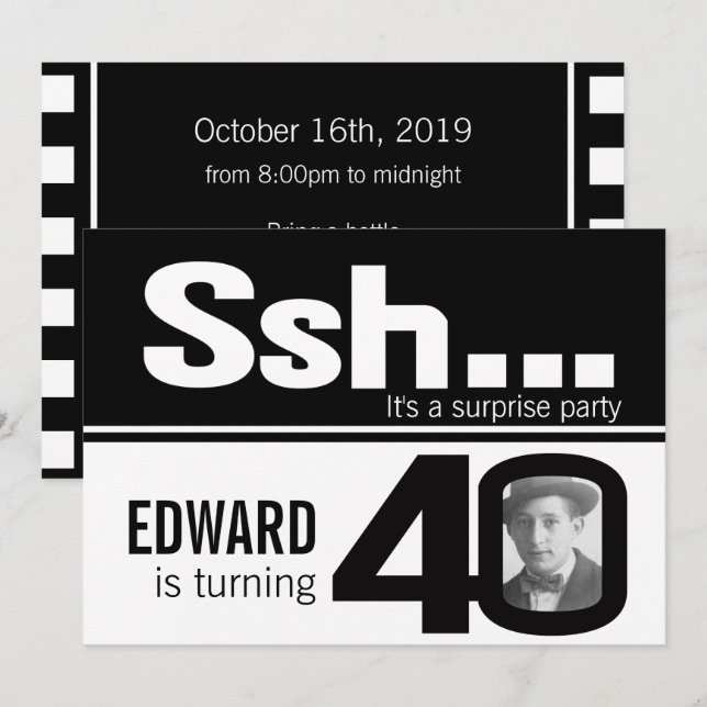 Photo ssh men black white 40th birthday invite (Front/Back)