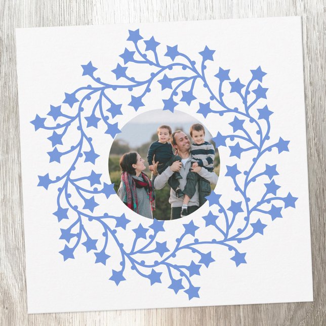 Photo Star Wreath Scandinavian Holiday Card (Scandinavian star wreath garland personalized photo Christmas or holiday card with custom text)