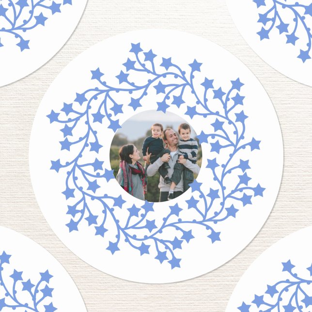 Photo Star Wreath Scandinavian Holiday Classic Round Sticker (Scandinavian star wreath garland personalized photo Christmas or holiday sticker)