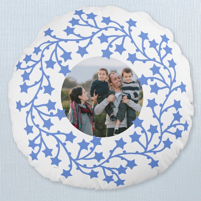 Photo Star Wreath Scandinavian Round Cushion (Modern Scandinavian star wreath garland personalized photo Christmas holiday pillow)