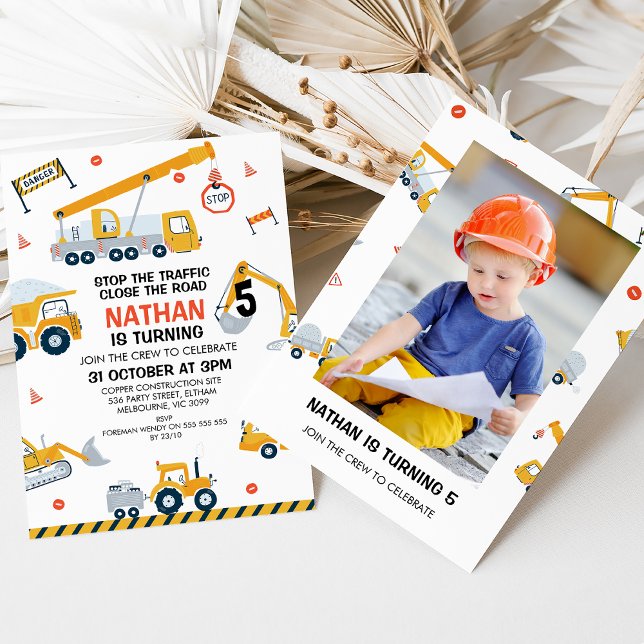 Photo Stop The Traffic Construction Birthday Invitation (Stop the traffic, construction themed any age birthday invitation with photo on the back.)