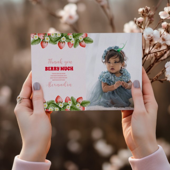 Photo Strawberry Berry First Birthday Thank You Card (Creator Uploaded)