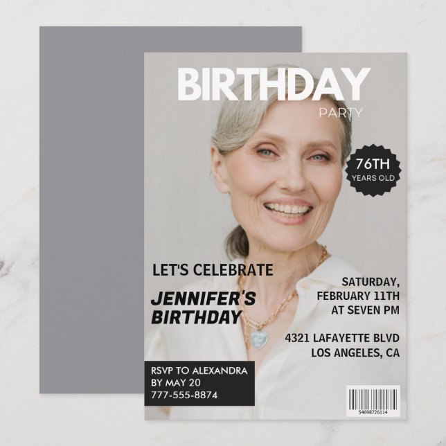 Photo Stylish Magazine Cover for her 76th birthday Invitation (Front/Back)