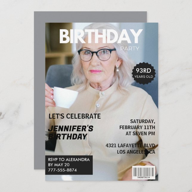 Photo Stylish Magazine Cover for her 93rd birthday Invitation (Front/Back)