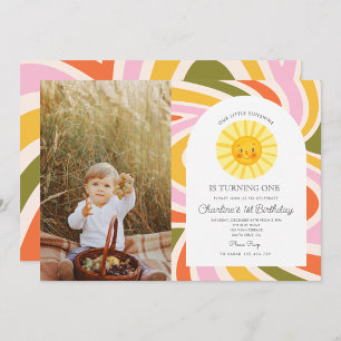 Photo Sun Rainbow Retro Boho Wavy 1st Birthday Invitation