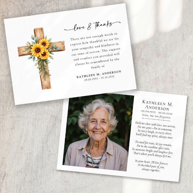 Photo Sunflower Cross Script Funeral Thank You Card (Creator Uploaded)