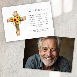 Photo Sunflower Cross Script Funeral Thank You Card