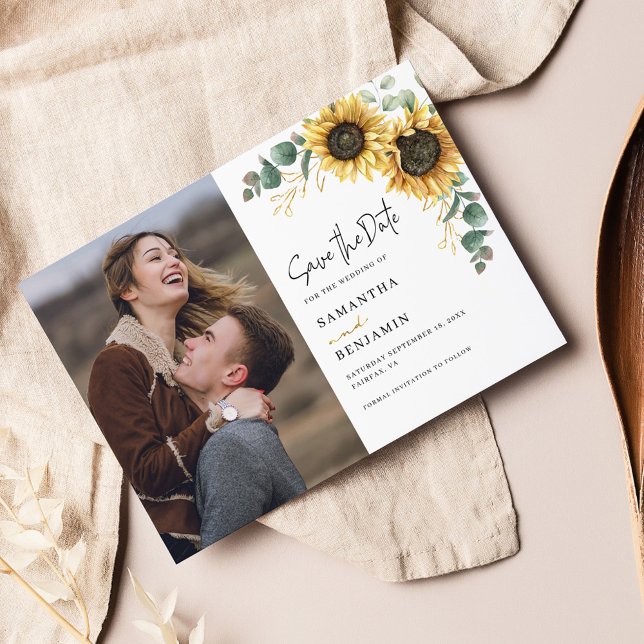 Photo Sunflower Eucalyptus Wedding Save The Date (Floral Sunflower Eucalyptus Wedding Save the Date Announcement)