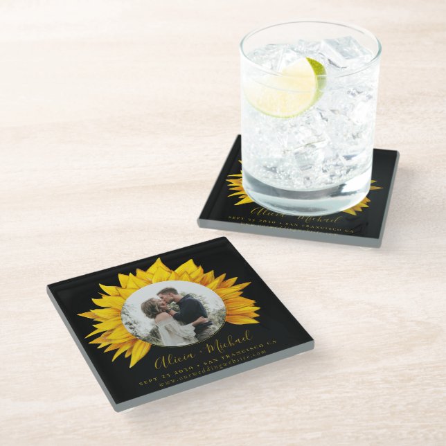 Photo sunflower rustic wedding save the date glass coaster (Angled)