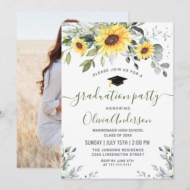 PHOTO Sunflowers Eucalyptus Graduation Party Invitation (Front/Back)