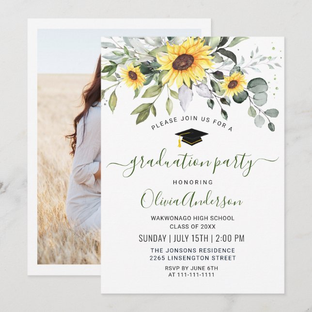 PHOTO Sunflowers Eucalyptus Graduation Party Invitation (Front/Back)