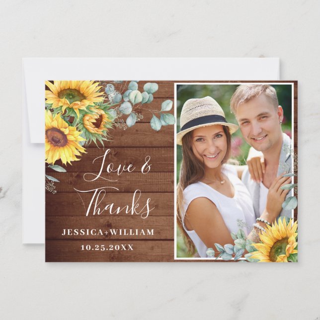 PHOTO Sunflowers Eucalyptus Wedding Rustic Thank You Card (Front)