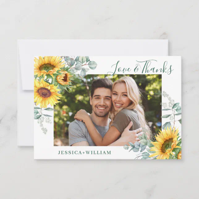 PHOTO Sunflowers Eucalyptus Wedding Rustic Thank You Card | Zazzle