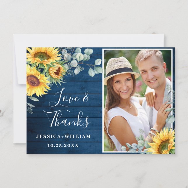 PHOTO Sunflowers Eucalyptus Wedding Rustic Thank You Card (Front)
