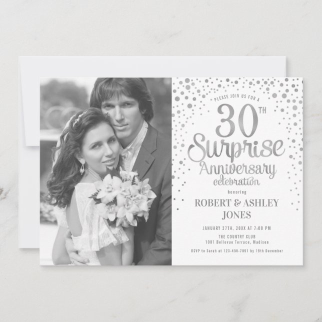 Photo Surprise 30th Anniversary - White Silver Invitation (Front)