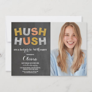 Photo Surprise Birthday Party Hush Hush Metallic Invitation