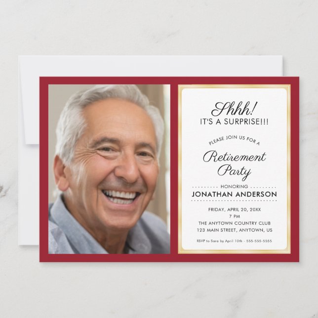 Photo Surprise Retirement Party | Red and Gold Invitation (Front)