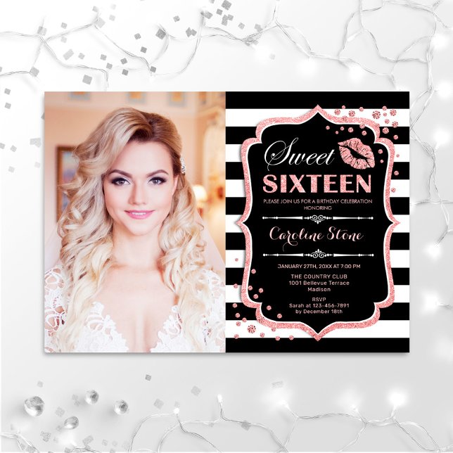 Photo Sweet 16 Birthday - Kiss Rose Gold Black Invitation (Creator Uploaded)