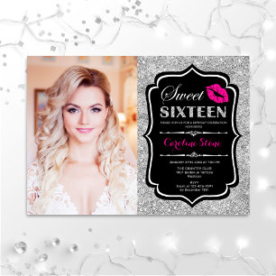 Photo Sweet 16 Birthday Pink Kiss Silver Black Inv Invitation