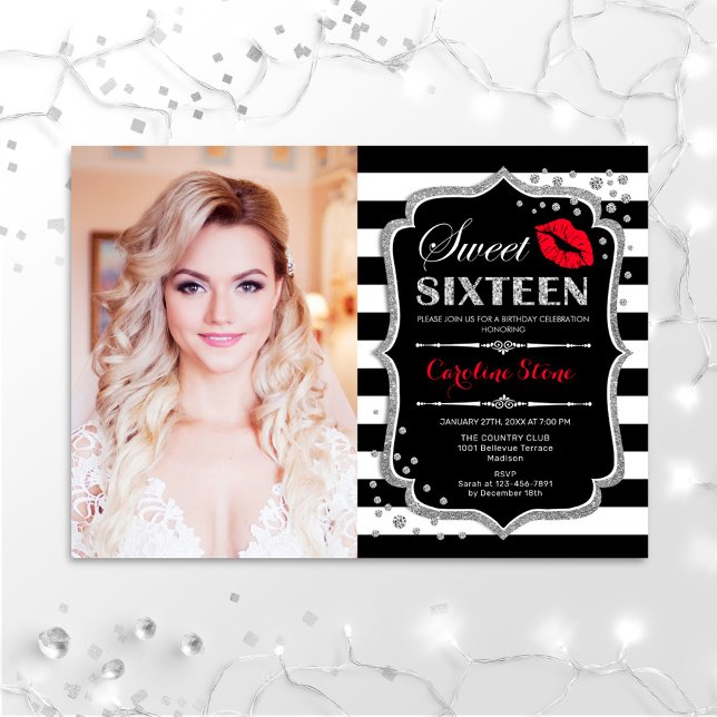 Photo Sweet 16 Birthday - Red Kiss Silver Black Invitation (Creator Uploaded)