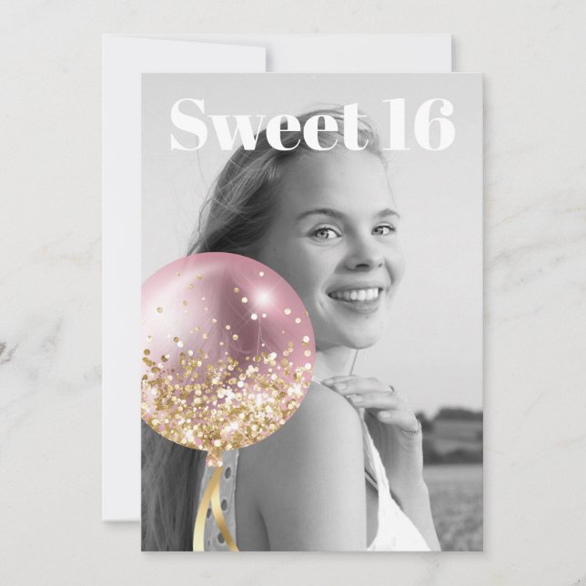 *~* PHOTO Sweet 16 Birthday Rose Balloon AP29 Invitation (Front)