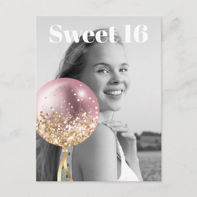 * PHOTO Sweet 16 Birthday Rose Balloon AP29 Invitation Postcard (Front)