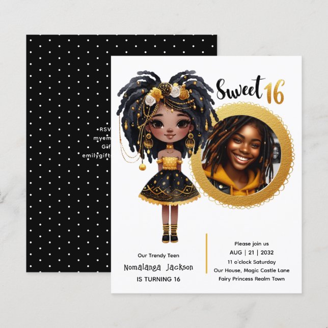 PHOTO Sweet 16 Black Teen Birthday Black Gold (Front/Back)