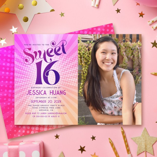 Photo Sweet 16 Groovy Pink Orange Gradient Retro Invitation (Creator Uploaded)