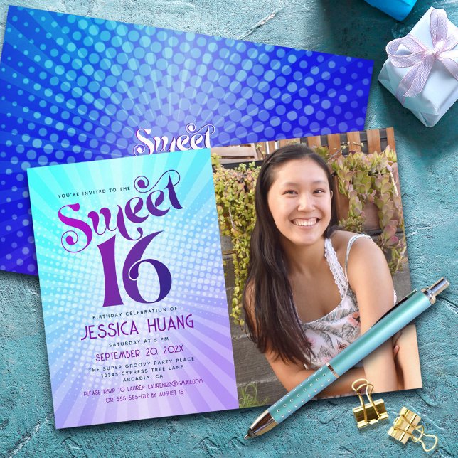 Photo Sweet 16 Groovy Purple Blue Gradient Retro Invitation (Creator Uploaded)