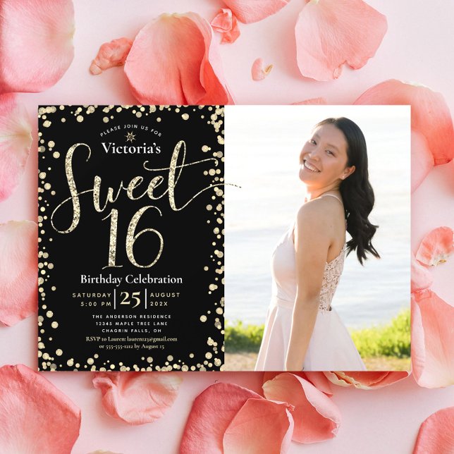 Photo Sweet 16 Modern Black Gold Glitter Birthday Invitation (Creator Uploaded)