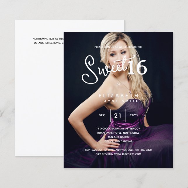 PHOTO SWEET 16 Modern Elegant Budget Birthday (Front/Back)