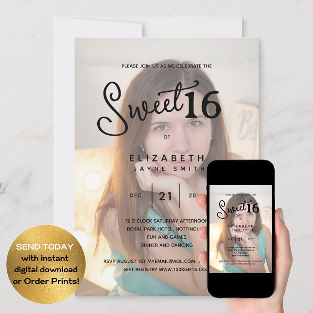 PHOTO SWEET 16 Modern Elegant Budget Birthday Invitation (Creator Uploaded)