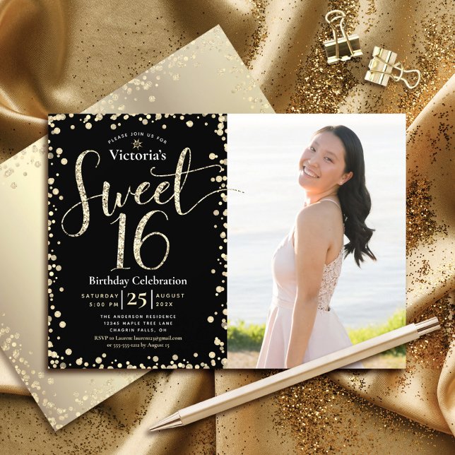 Photo Sweet 16 Modern Gold Black Glitter Birthday Invitation (Creator Uploaded)