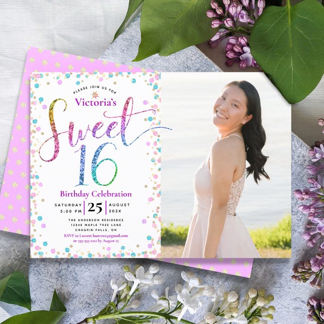 Photo Sweet 16 Rainbow Glitter Confetti Birthday Invitation (Creator Uploaded)