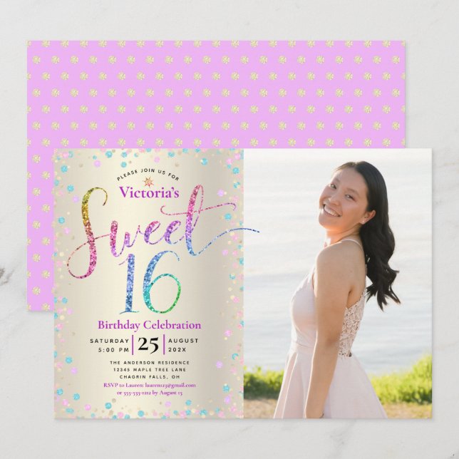 Photo Sweet 16 Rainbow Glitter Gold Foil Birthday Invitation (Front/Back)